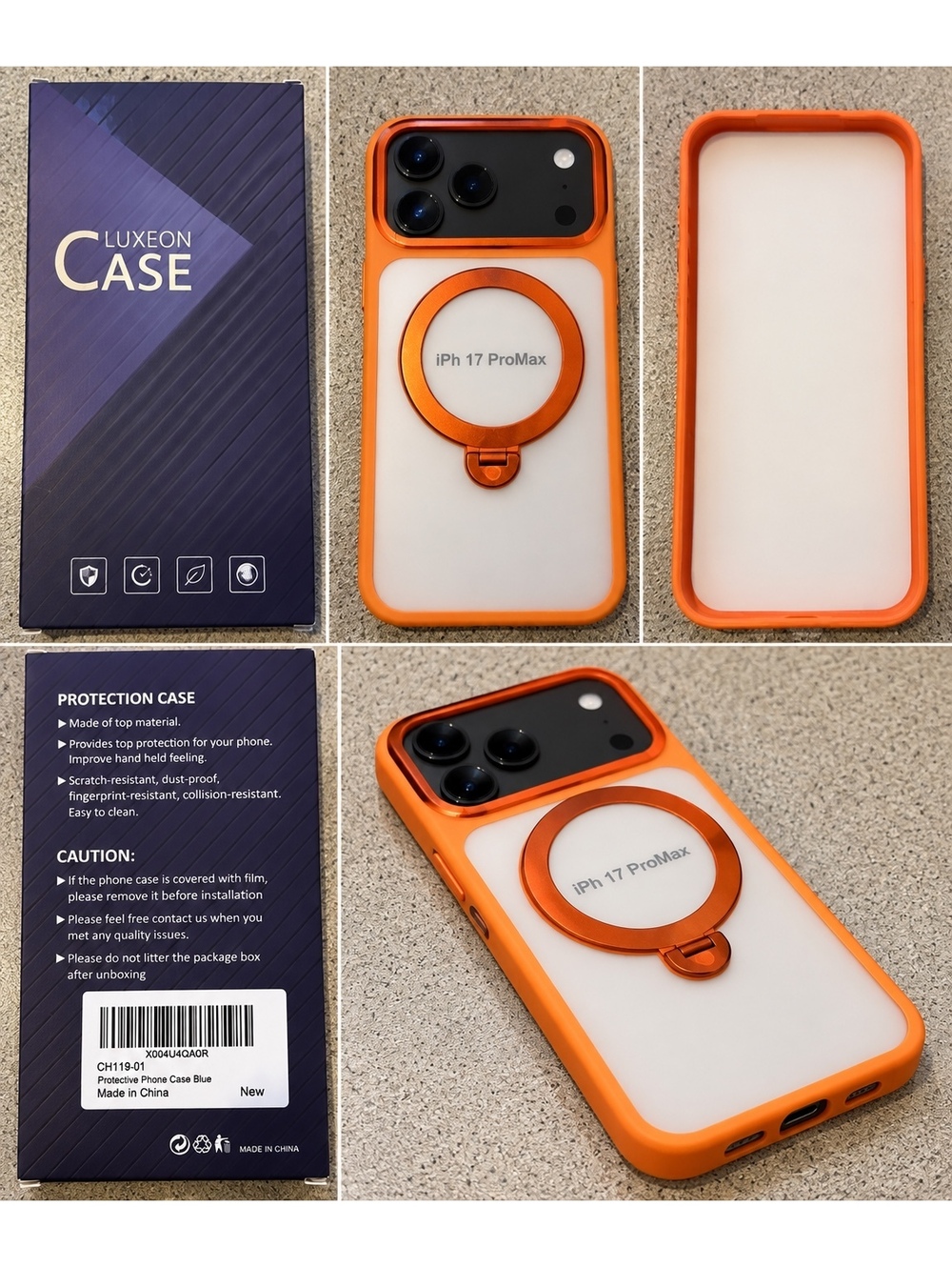 Luxeon Protective Phone Case for iPhone 17 Pro Max with Ring Holder - Orange and